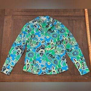 Foxcroft Blue and Green Paisley Cotton Zip Up Blouse Wrinkle Free Size 8